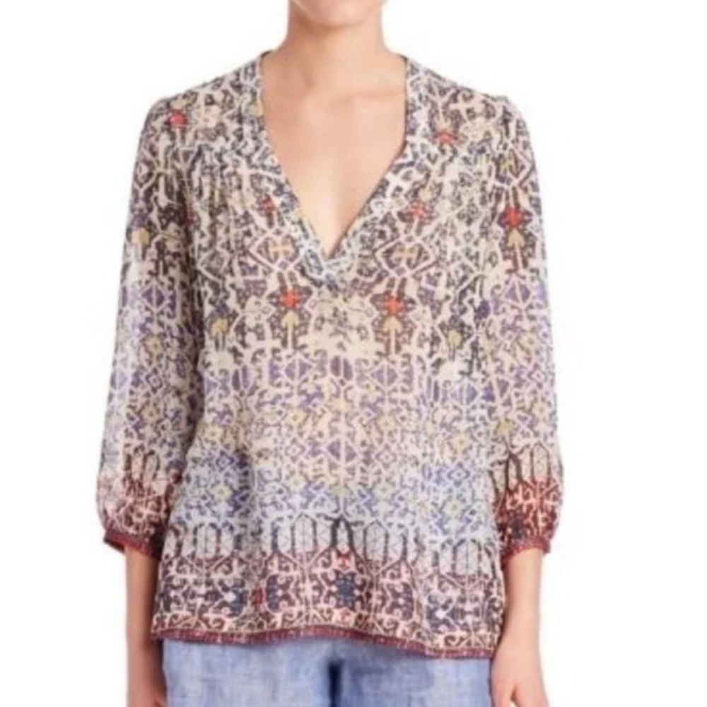 Joie sheer silk pullover top in faded blue / red pattern